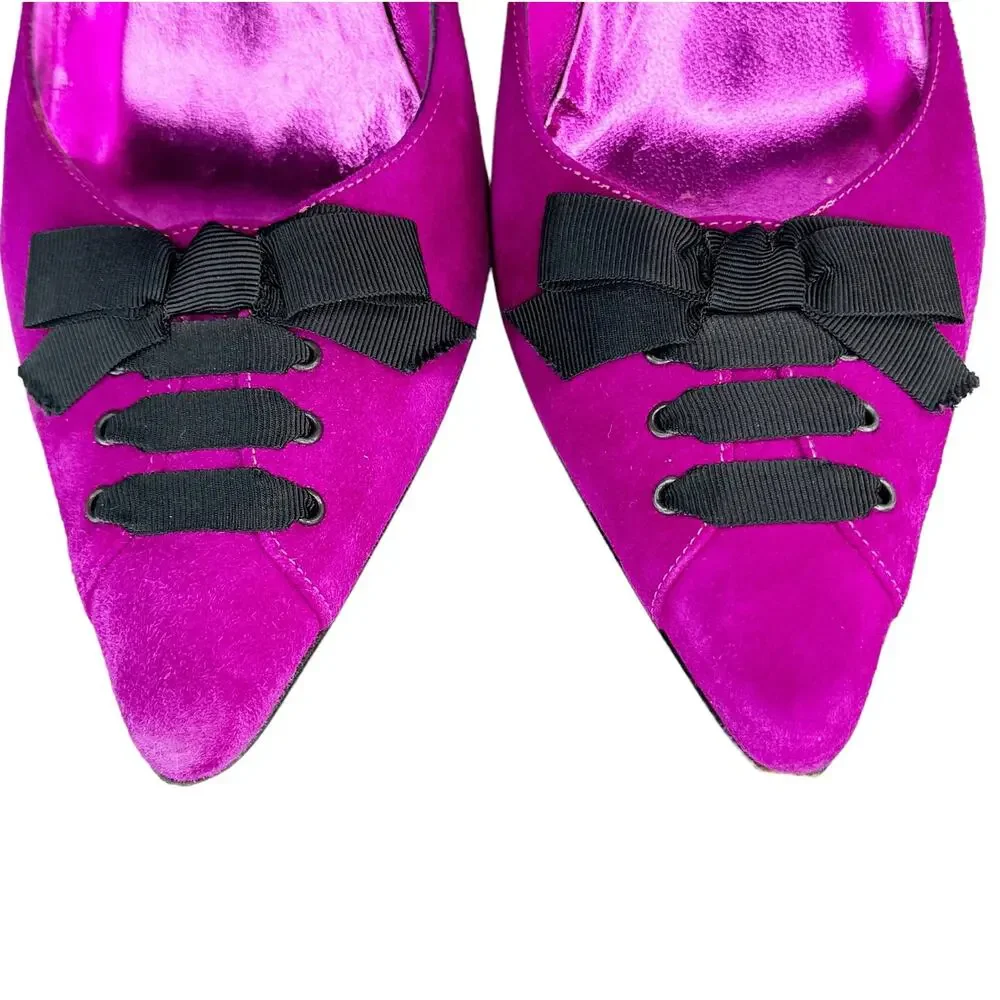 Vintage Y2K Isaac Mizrahi Suede Heels Pointed Toe Ribbon Trim Purple Black 9.5